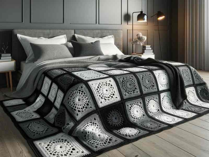 Colcha de croche moderna em cinza com preto