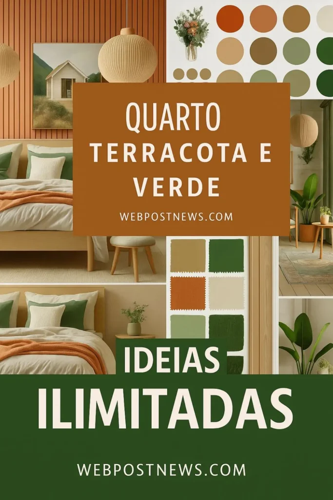Ideia de decoração para quarto terracota e verde com cama em linho, parede de ripas, plantas naturais e móveis de madeira clara. Estilo Pinterest aconchegante, moderno e cheio de personalidade.