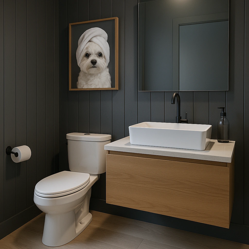 Retrato engraçado de cão Maltês com toalha na cabeça segurando papel higiênico, como elemento decorativo em banheiro.