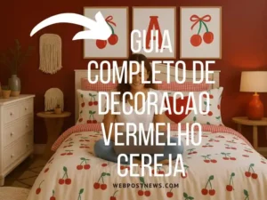 Guia completo de decoração vermelho cereja – quarto com parede cereja, roupa de cama estampada com cerejas, quadros decorativos e cabeceira branca. Inspiração de design para ambientes modernos.