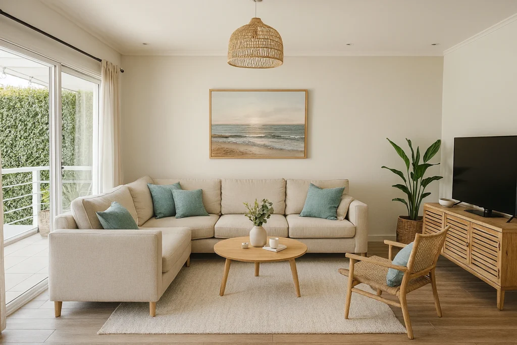 Sala de estar em estilo escandinavo com sofá claro, mesa de centro de madeira clara, plantas decorativas e luz natural entrando por portas de vidro.