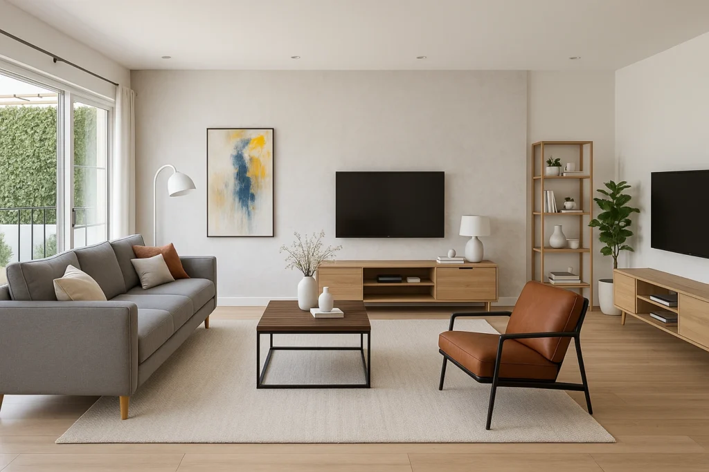 Sala minimalista moderna com sofá cinza claro, mesa de centro baixa, rack branco flutuante e TV na parede, com destaque para o espaço aberto e clean.