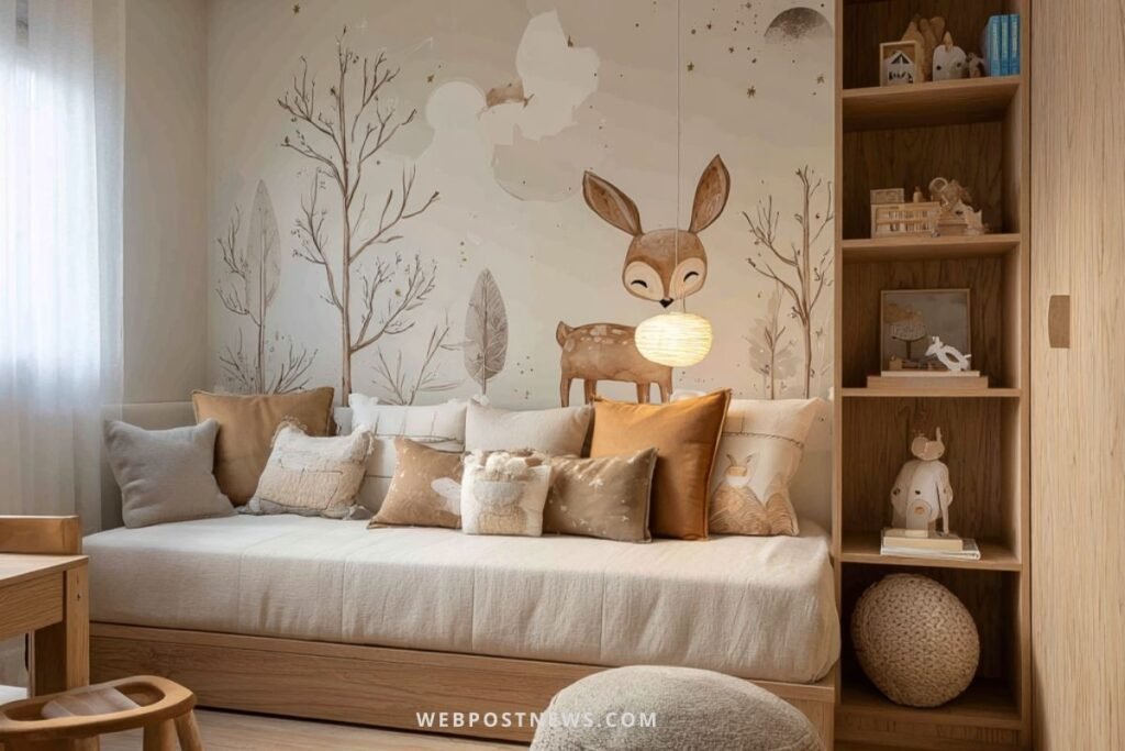 Quarto infantil escandinavo com papel de parede de floresta, cama de madeira clara e almofadas em tons neutros.
