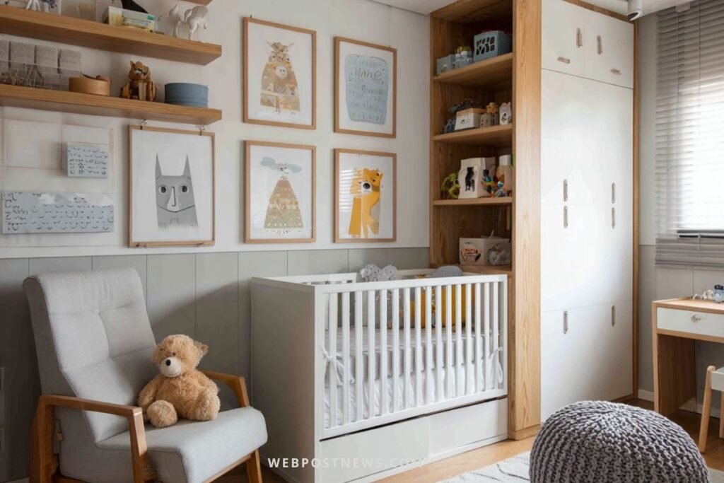 Quarto infantil em estilo escandinavo com berço de madeira, poltrona cinza e paredes decoradas com quadros minimalistas.