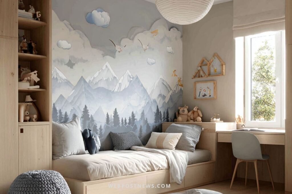 Quarto infantil escandinavo com cama de madeira clara, mural de montanhas em azul e cinza e decoração aconchegante.