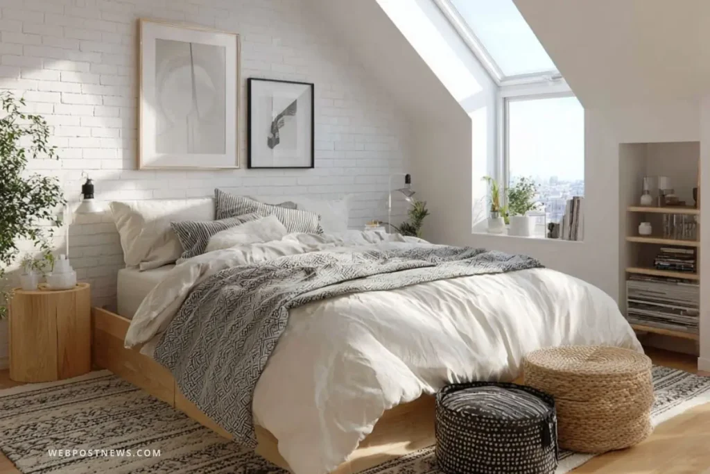 Quarto estilo escandinavo com cama de madeira clara, roupa de cama branca e manta cinza, iluminação natural e detalhes em plantas, transmitindo aconchego e minimalismo.