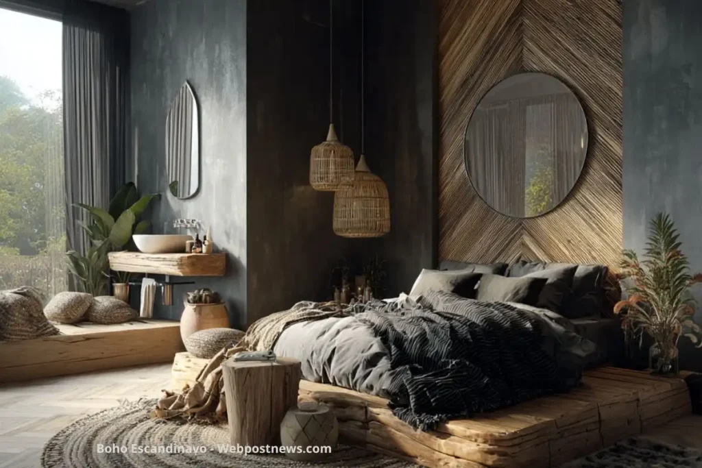 Quarto boho escandinavo com cama de madeira rústica, roupas de cama em tons neutros, luminárias de palha, espelho redondo e detalhes naturais que combinam o aconchego nórdico com o estilo boêmio.