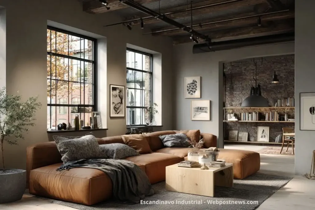 Sala estilo escandinavo industrial com sofá de couro marrom, mesa de centro em madeira clara, paredes de tijolo aparente e janelas amplas de ferro, combinando aconchego nórdico com design urbano.