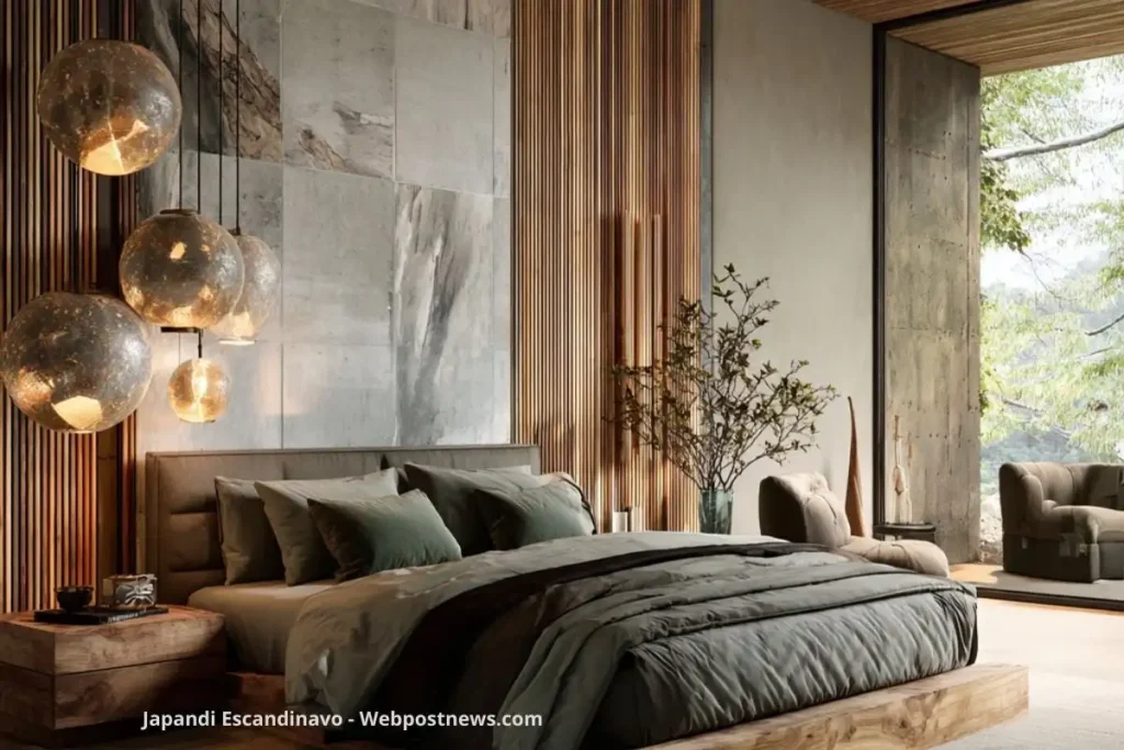 Quarto estilo Japandi escandinavo com cama baixa de madeira, roupas de cama em tons de verde e cinza, luminárias pendentes de vidro e parede de ripas de madeira, combinando minimalismo japonês com aconchego nórdico.