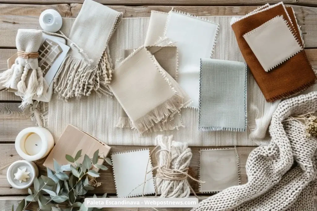 Paleta escandinava cozy com tecidos em tons de bege, branco, cinza e terracota, dispostos em flat lay com elementos naturais como velas, madeira e ramos verdes, representando a decoração nórdica minimalista.