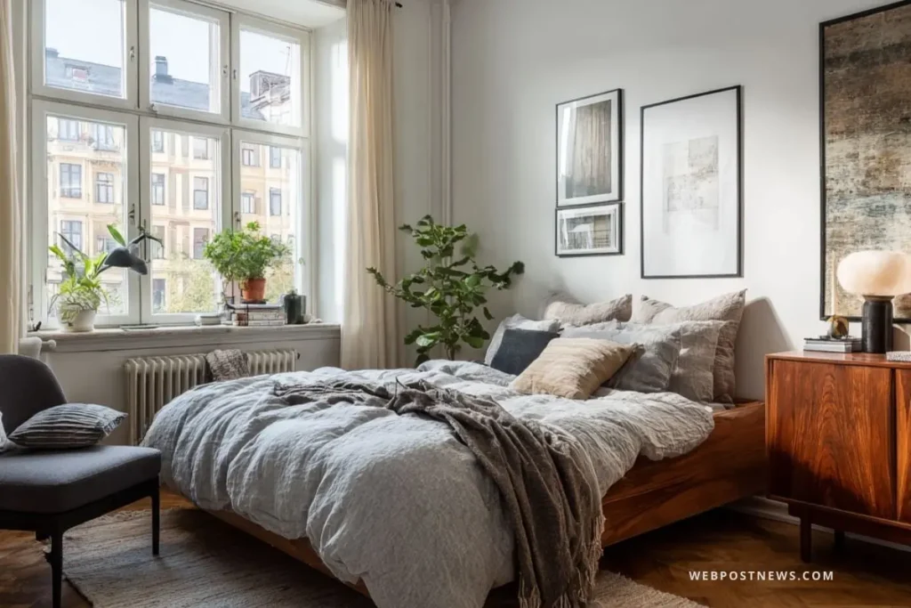 Quarto estilo escandinavo com cama de madeira, roupas de cama em linho cinza, almofadas neutras, plantas próximas à janela ampla e paredes decoradas com quadros minimalistas.