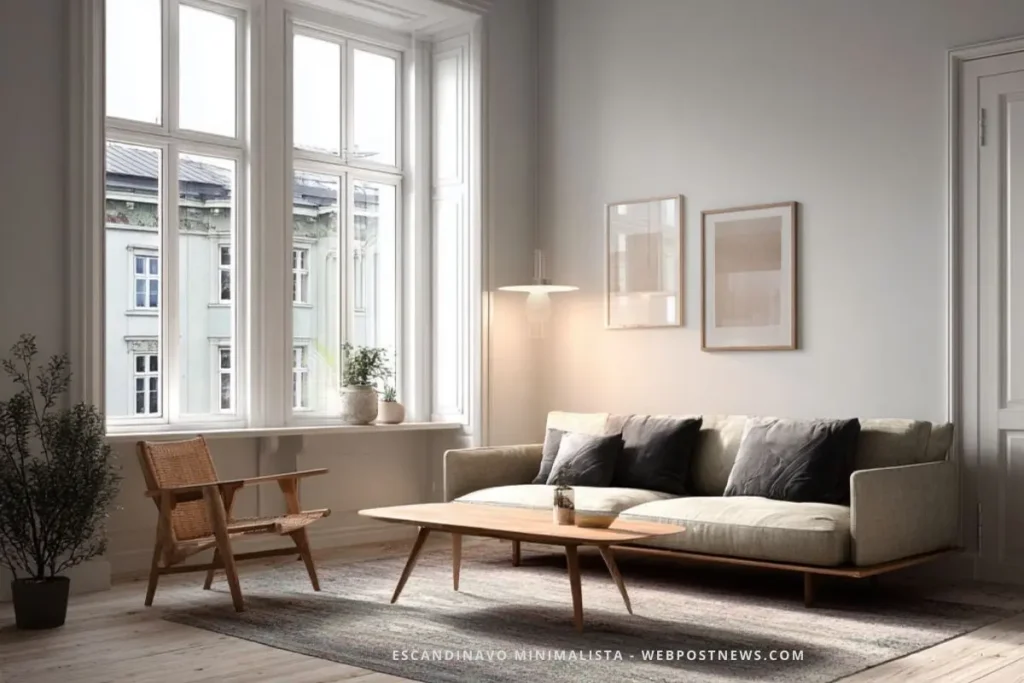 Sala estilo escandinavo minimalista com sofá neutro, mesa de centro de madeira clara, poltrona de palha e janelas grandes que valorizam a iluminação natural.