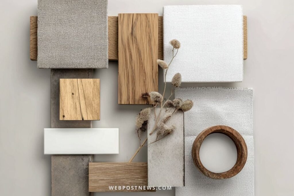 Paleta de decoração escandinava para quarto com tons de branco, cinza e madeira clara, destacando texturas naturais.