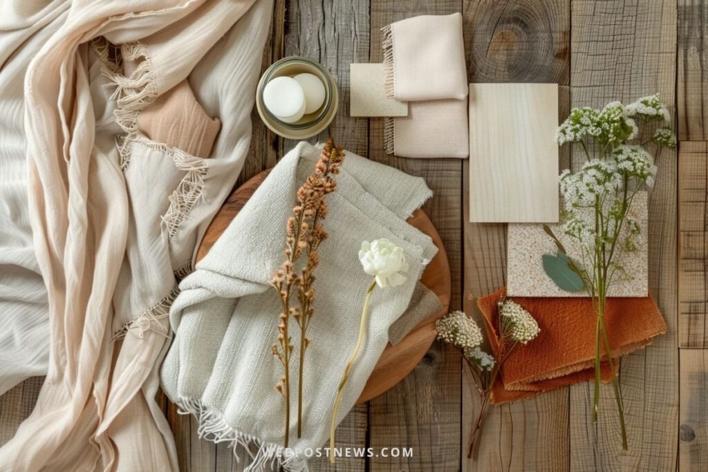 Flat lay de paleta escandinava para quarto com almofada de tricô bege, manta terracota, plantas em vasos e livro em tons naturais.