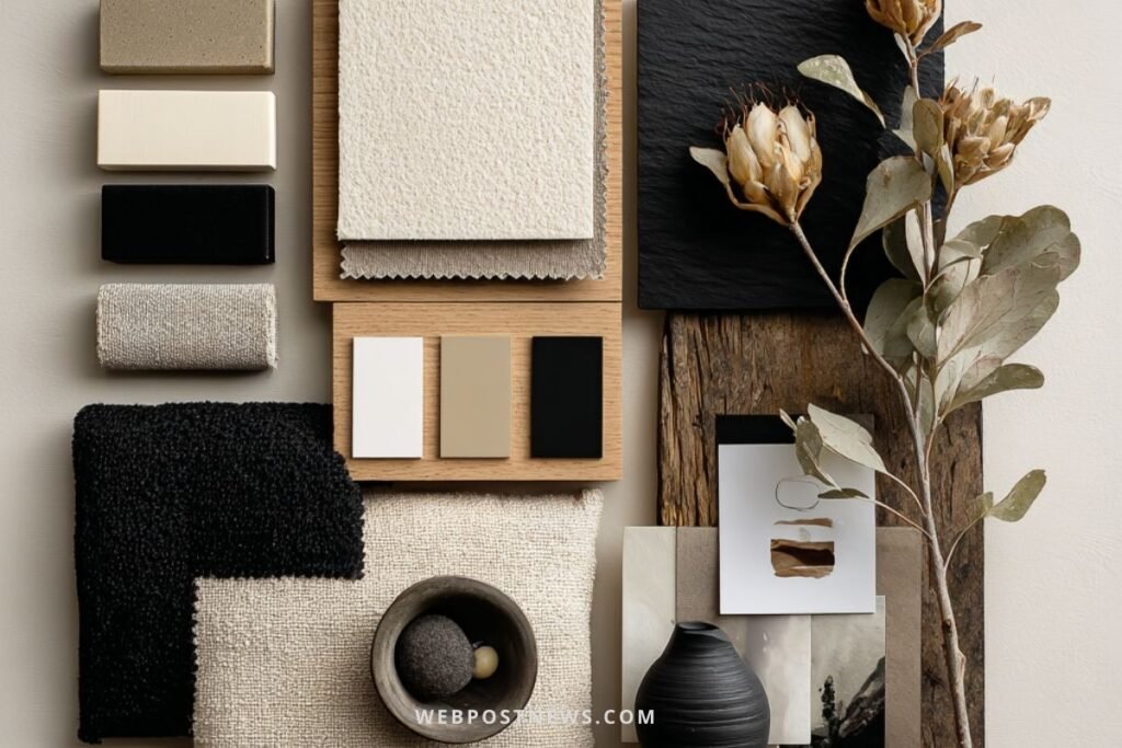 Materiais e tecidos em tons neutros e preto em uma paleta de decoração escandinava minimalista para quartos.