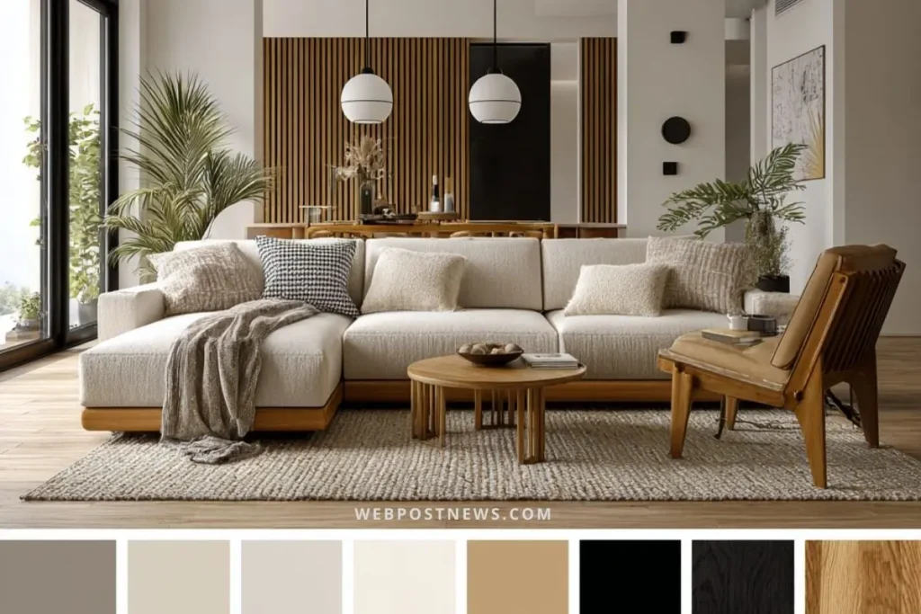 Paleta de cores para sala estilo escandinavo com sofá bege, almofadas neutras, poltrona de madeira, plantas verdes e detalhes em preto e madeira clara.