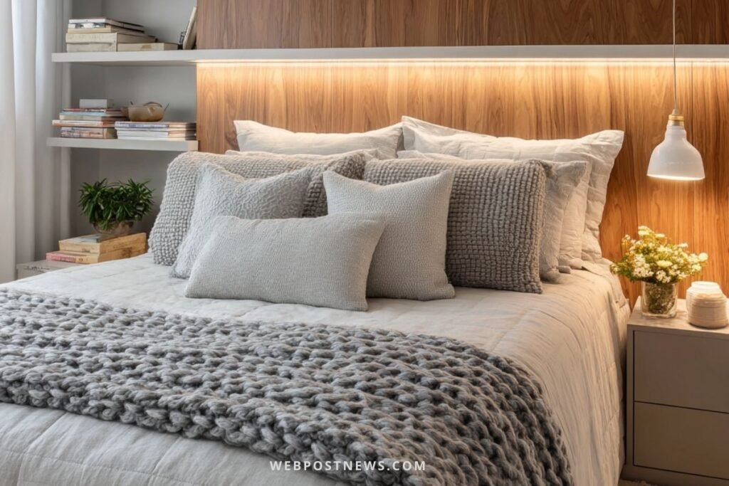 Quarto escandinavo pequeno com cabeceira de madeira, cama com manta de malha cinza grossa, almofadas em tons neutros e prateleiras decoradas.