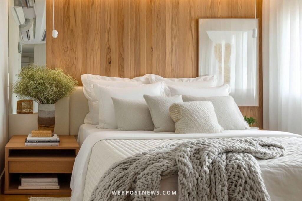 Quarto escandinavo pequeno com parede de madeira clara, cama em tons de branco e cinza, manta de malha grossa e vaso de flores delicadas no criado-mudo.