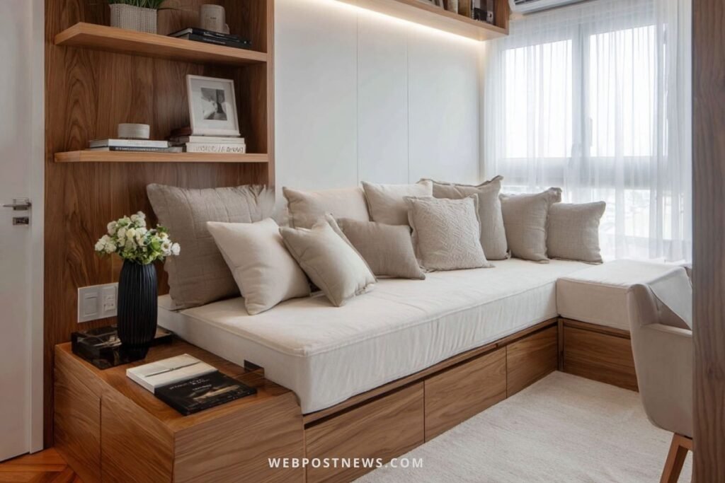 Quarto escandinavo pequeno com sofá-cama de madeira clara e estofado bege, prateleiras embutidas e almofadas neutras, aproveitando bem o espaço compacto.