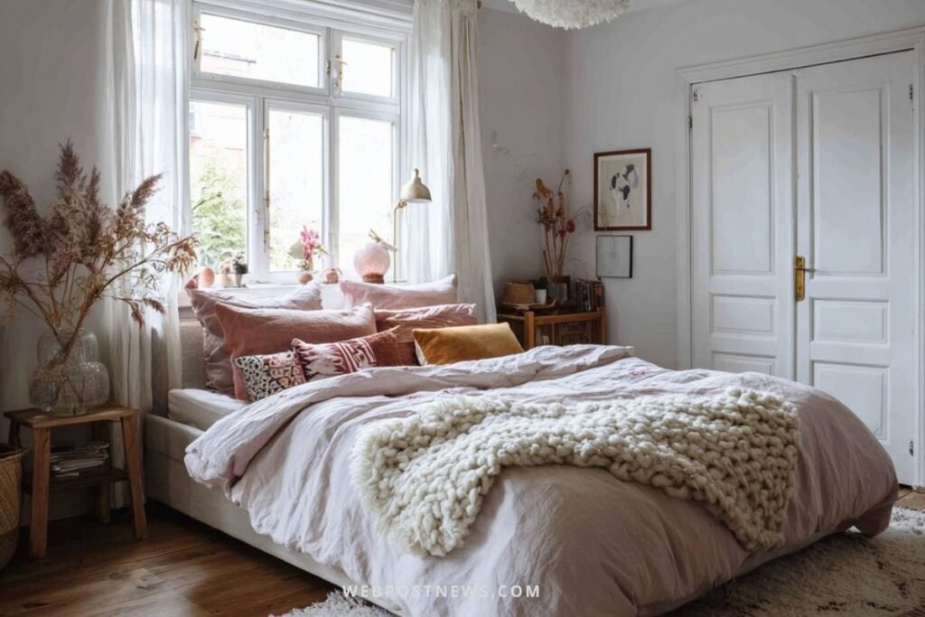 Quarto escandinavo feminino aconchegante com cama de lençóis claros, manta de tricô e almofadas em tons terrosos, decorado com plantas secas e iluminação natural.