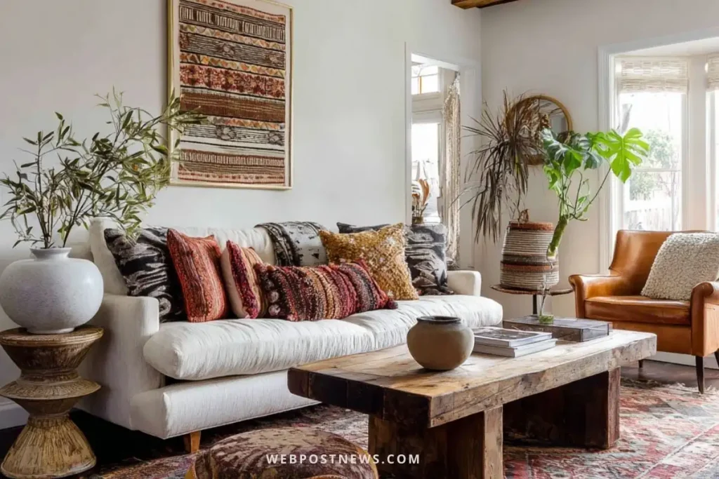 ala escandinava boho com sofá branco, almofadas coloridas, mesa de centro rústica em madeira e plantas naturais, criando um ambiente aconchegante.