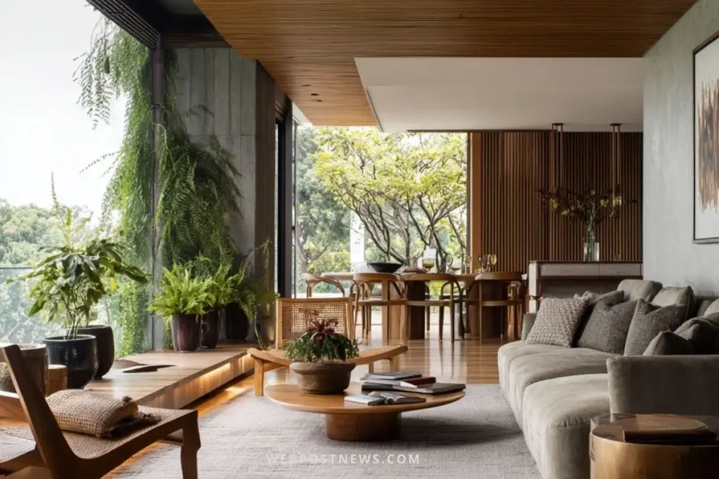Sala escandinava Japandi com sofá neutro, móveis de madeira clara, plantas naturais e integração com a natureza em um ambiente minimalista e elegante.