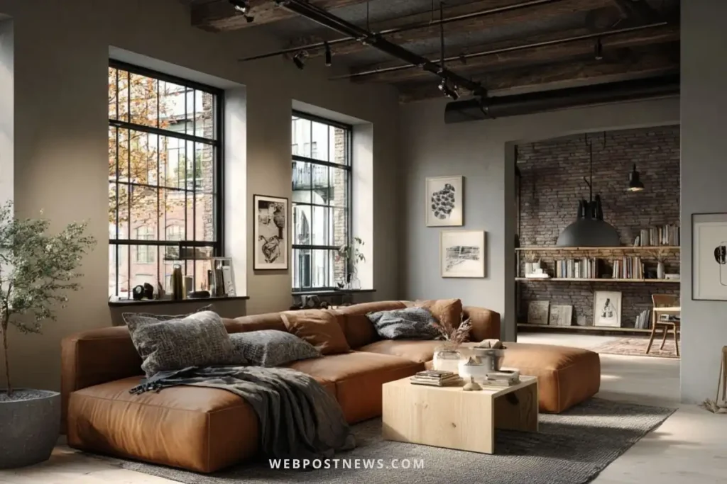 Sala estilo escandinavo industrial com sofá de couro marrom, paredes de tijolo aparente, luminárias pretas e mesa de centro minimalista em madeira clara.