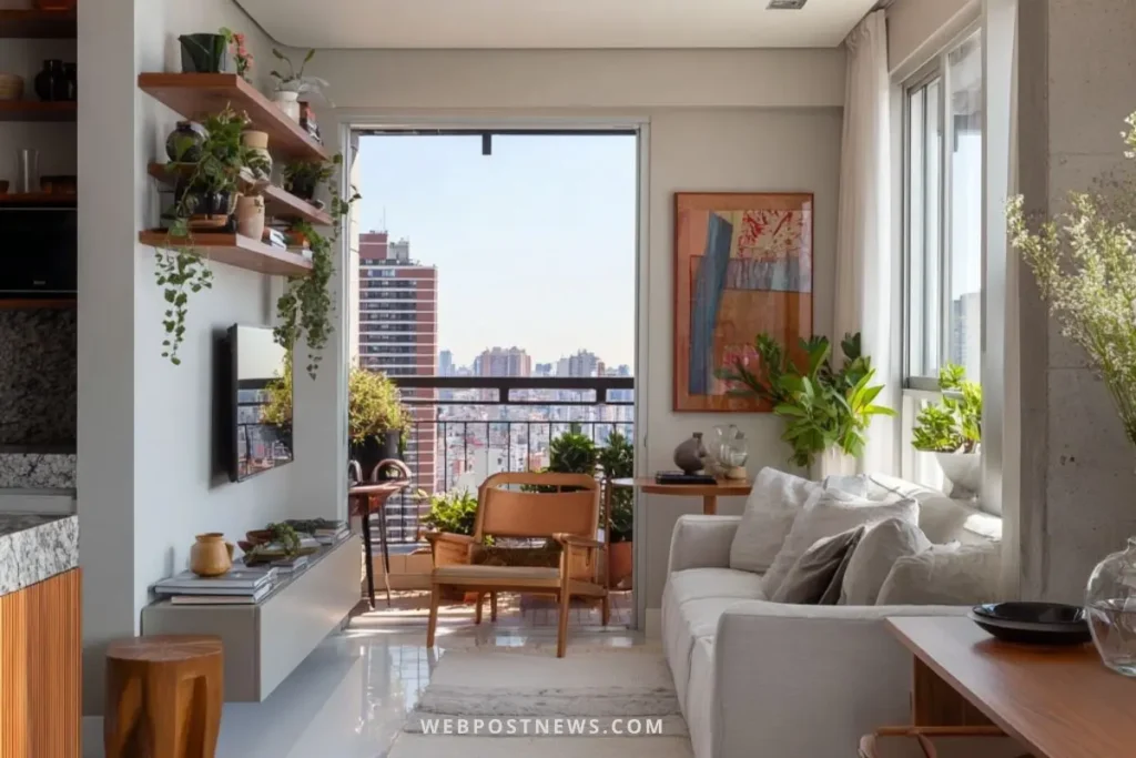 Sala de apartamento estilo escandinavo com sofá branco, poltrona de madeira, plantas verdes e varanda iluminada com vista para a cidade.