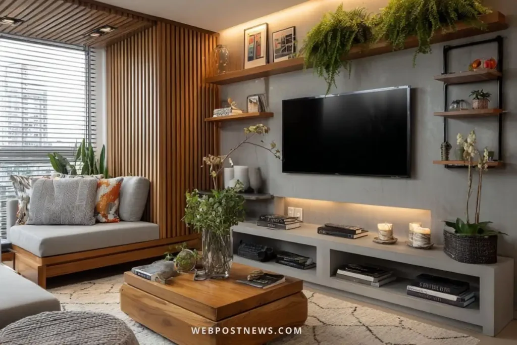 Sala escandinava com móveis multifuncionais, painel de madeira ripada, sofá cinza com almofadas coloridas, mesa de centro em madeira clara e plantas naturais.